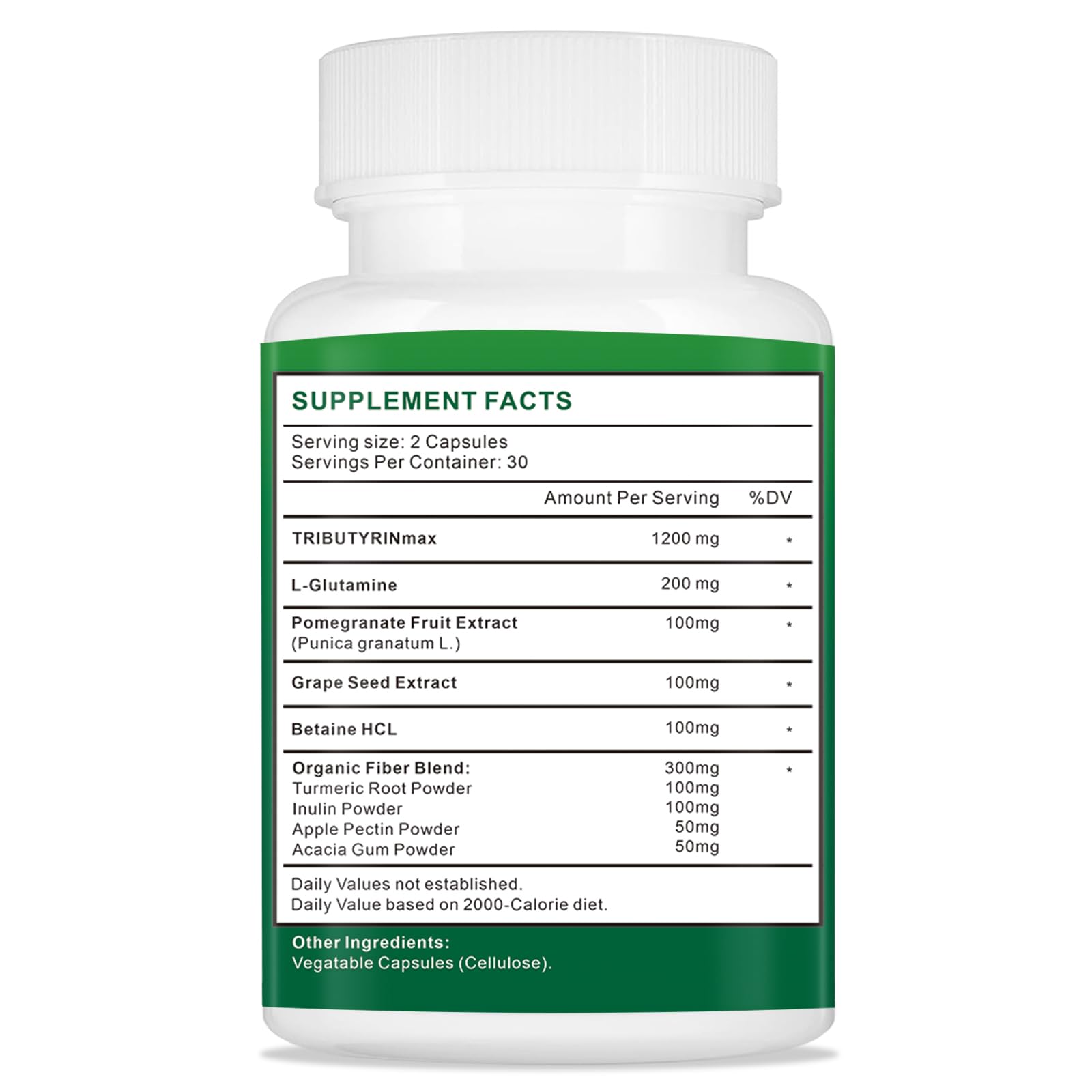 Uarcool TRIBUTYRINmax bottle back label shows ingredients and dosage for daily gut support