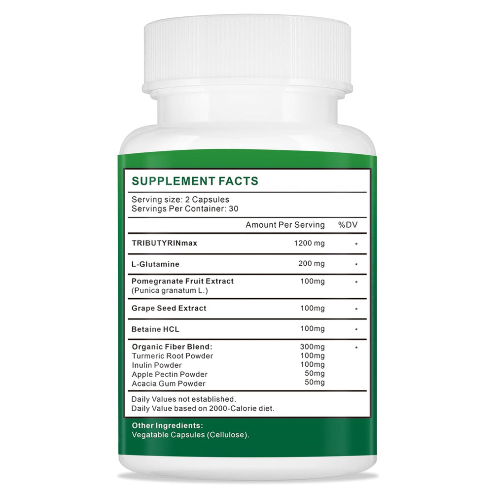Uarcool TRIBUTYRINmax bottle back label shows ingredients and dosage for daily gut support