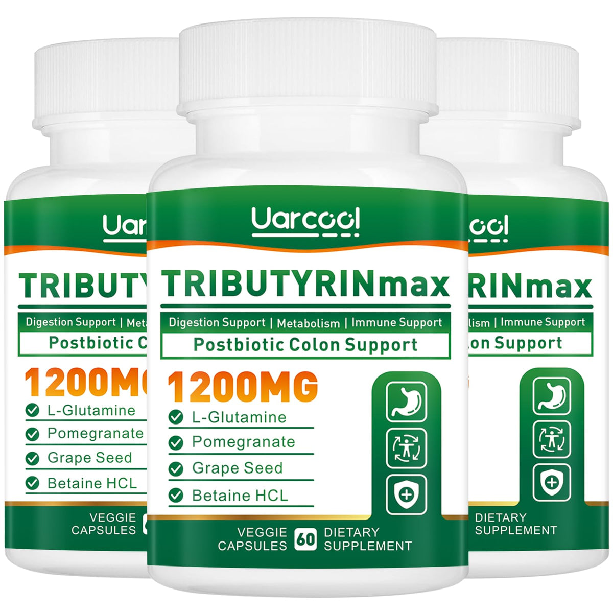 Uarcool TRIBUTYRINmax bottle front view highlighting vegan gut health formula