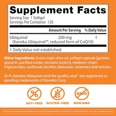 Ubiquinol 200 mg bottle label highlights non-GMO and gluten-free features.