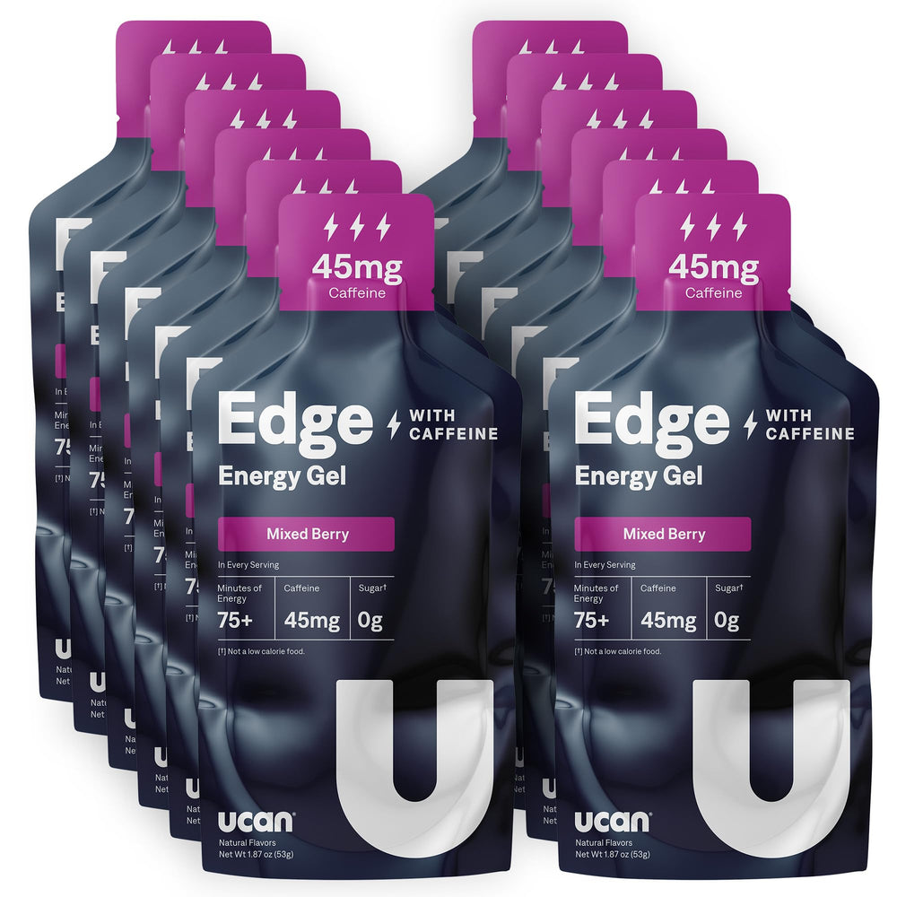 UCAN Edge energy gel shot pack ready for a run, delivering steady energy.