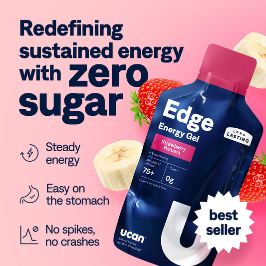 UCAN Edge strawberry banana gel shot open packet ready for on-the-go sipping