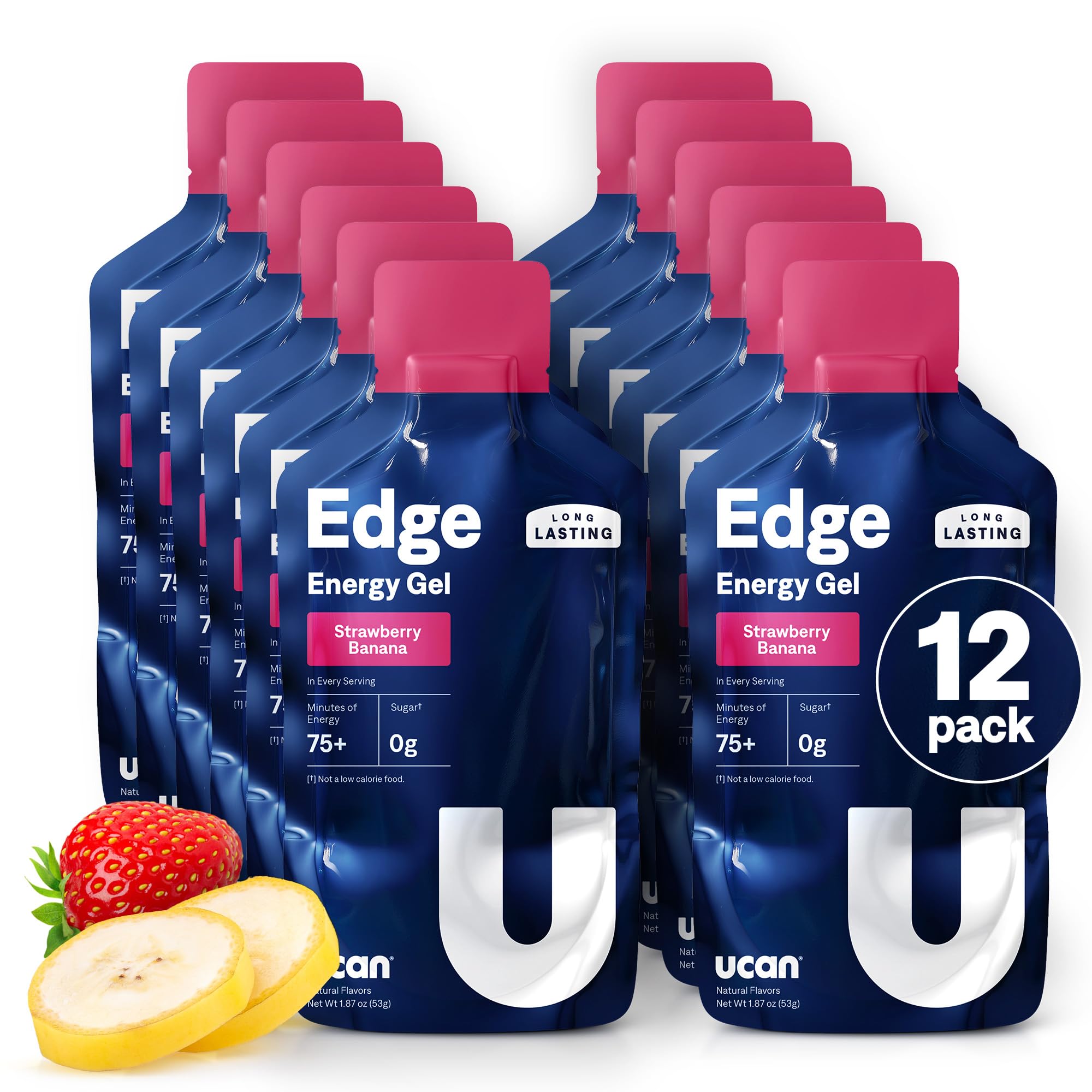 UCAN Edge energy gel shots packaging with strawberry banana flavor for endurance training