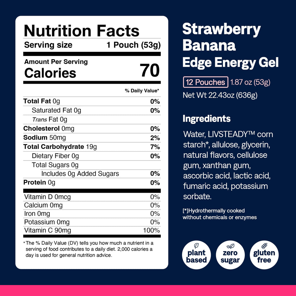 UCAN Edge strawberry banana gel next to running shoes for workouts