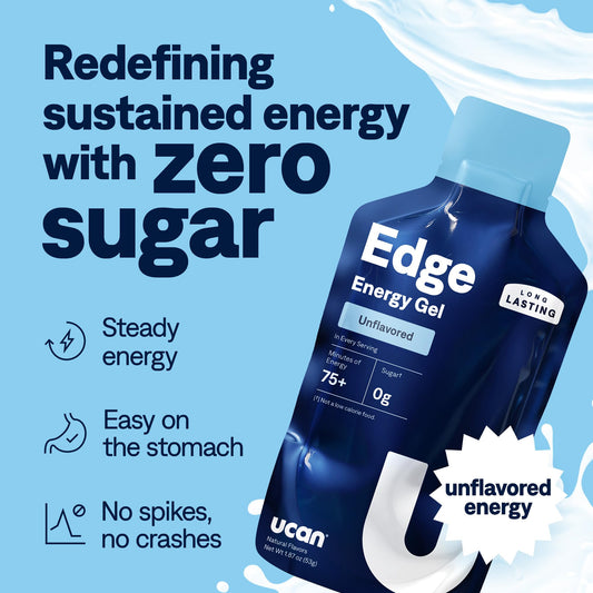 UCAN Edge unflavored packets close-up convenient pre-race fueling option.