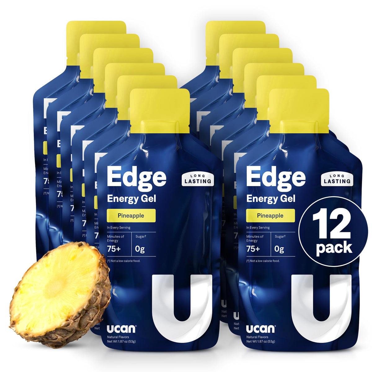 UCAN Edge Pineapple gel shot packaging shows convenient 12-pack for on-the-go fueling