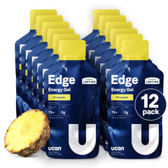 UCAN Edge Pineapple gel shot packaging shows convenient 12-pack for on-the-go fueling