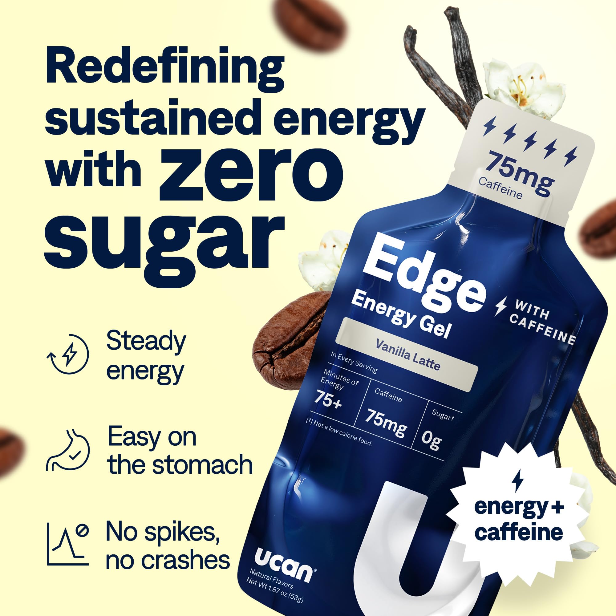 UCAN Edge Vanilla Latte energy shot pack back showing label and caffeine info