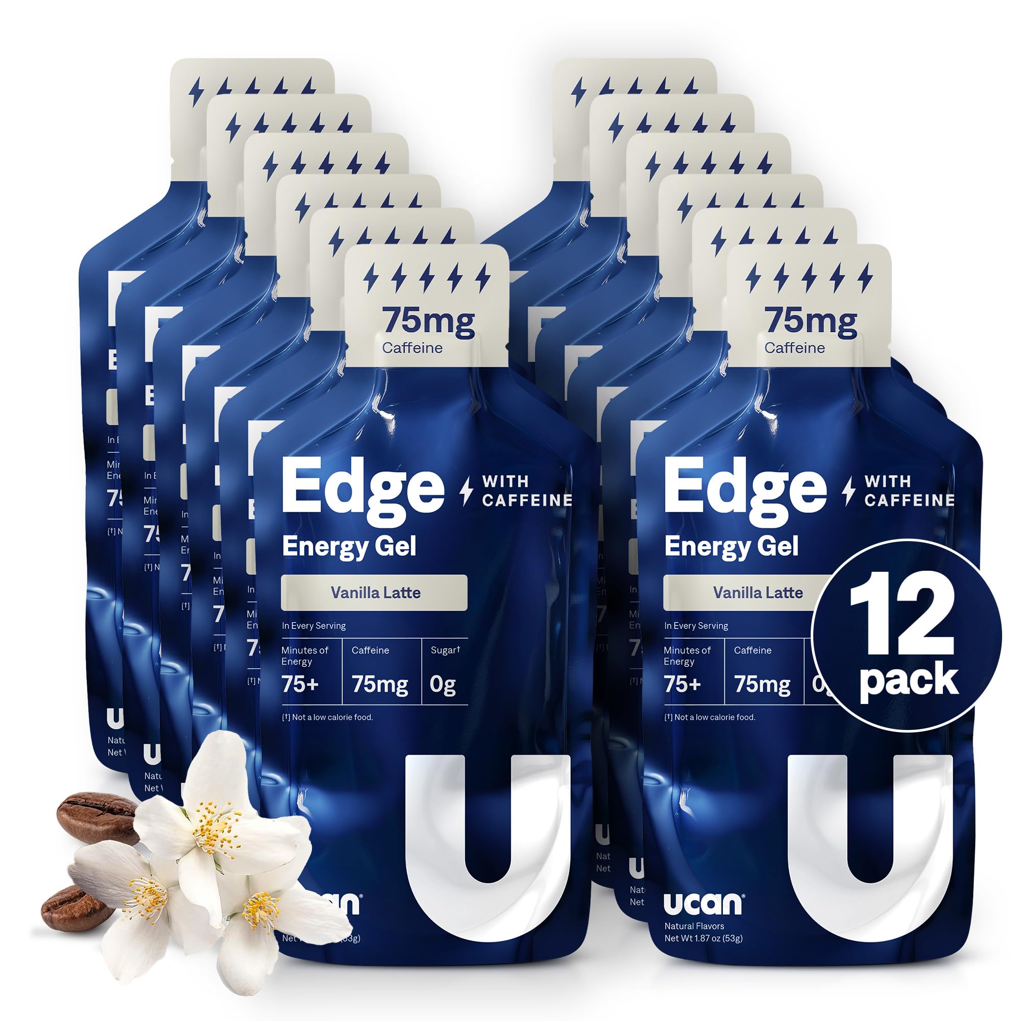 UCAN Edge Vanilla Latte energy shot pack front for steady training energy