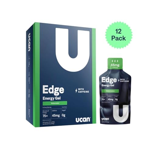 Close-up of UCAN Edge watermelon gel packet showing sugar-free formula.