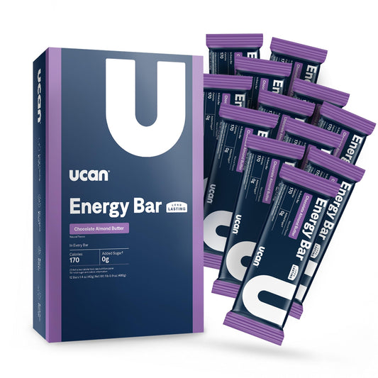 UCAN Energy Bars Chocolate Almond Butter bar, convenient vegan fuel for workouts.