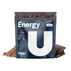 UCAN Energy Powder chocolate tub closeup highlighting sustained energy for workouts.