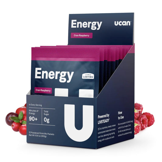 UCAN Energy Powder Cran-Raz bottle pour shows crash-free energy for workouts.