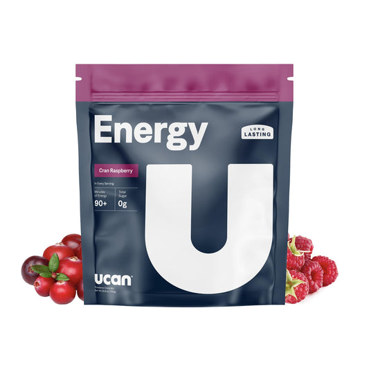 UCAN Cran-Raz energy powder bottle for workouts and steady energy.