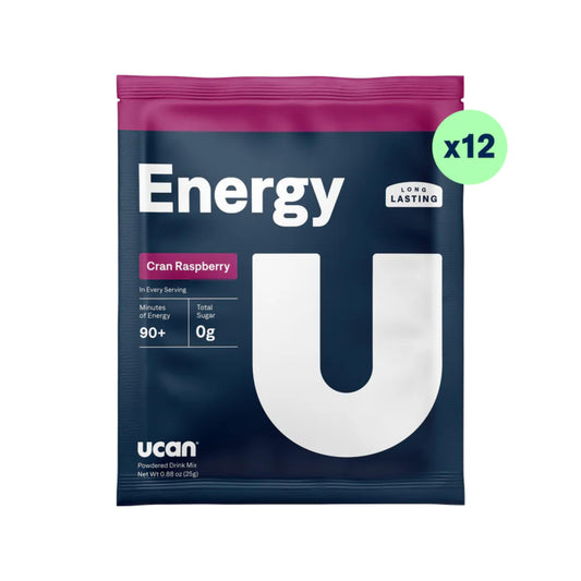 UCAN Energy Powder Cran-Raz dissolved in glass highlights clean, sugar-free hydration for workouts.