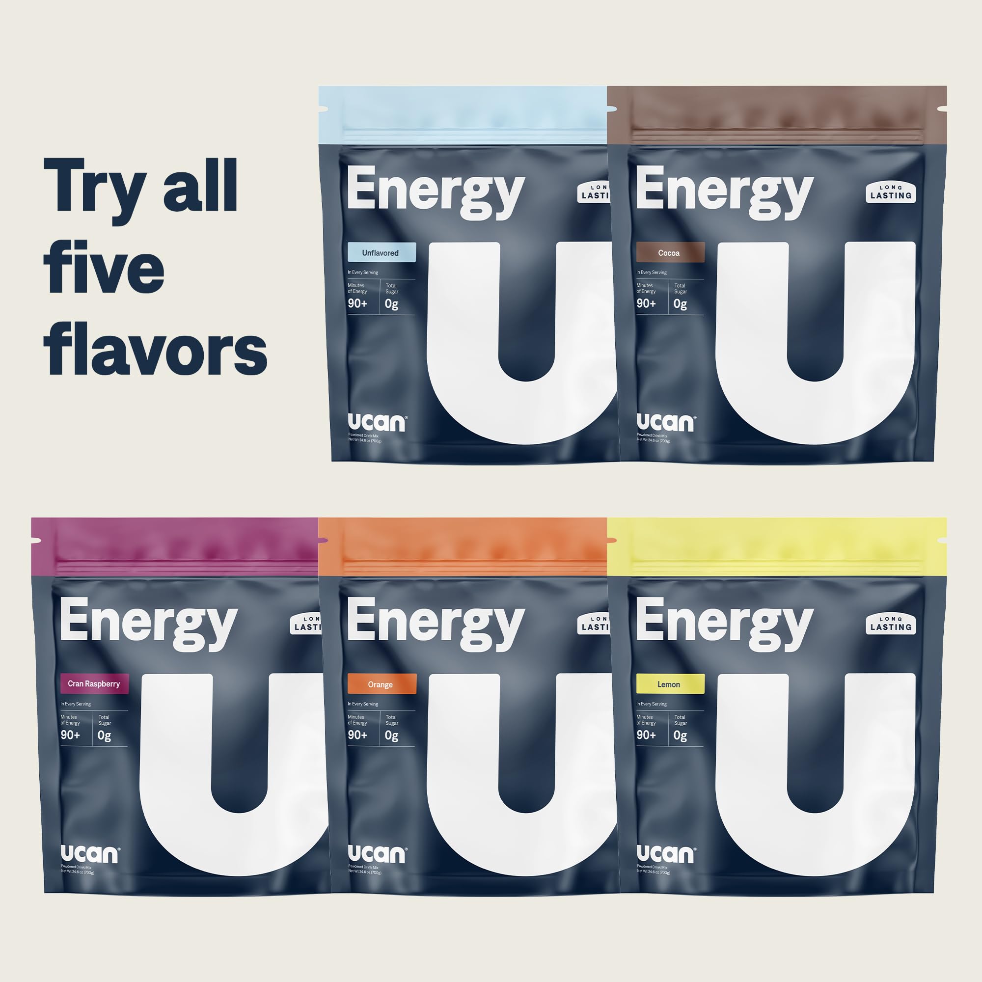 UCAN Energy Powder Tropical Orange label closeup emphasizing LIVSTEADY powered energy