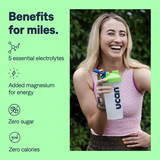 UCAN Hydrate powder scoop showing convenient zero-sugar electrolyte refreshment.