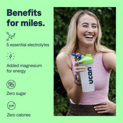 UCAN Hydrate powder scoop showing convenient zero-sugar electrolyte refreshment.