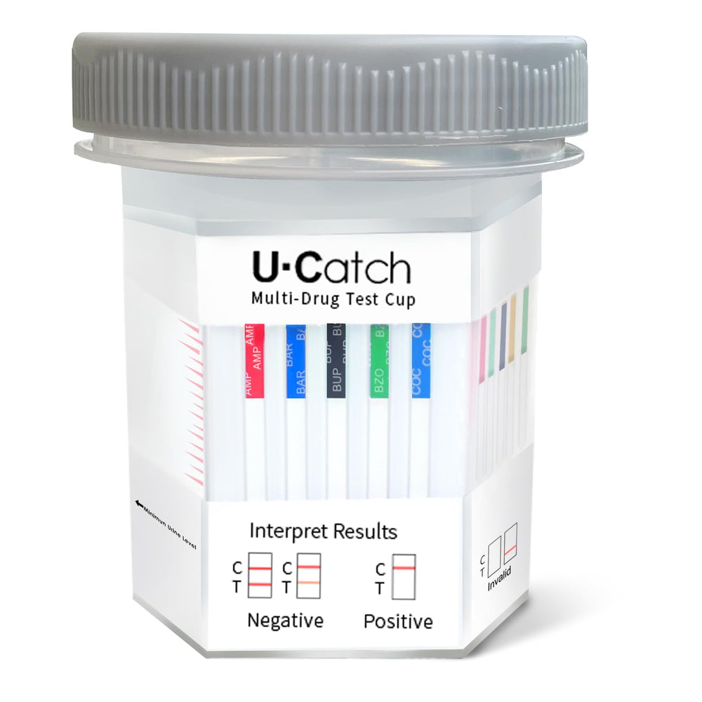 U Catch Plus 12-panel test cup showing quick at-home drug screening results.