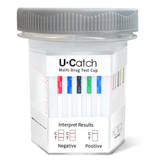 U Catch Plus 12-panel test cup showing quick at-home drug screening results.