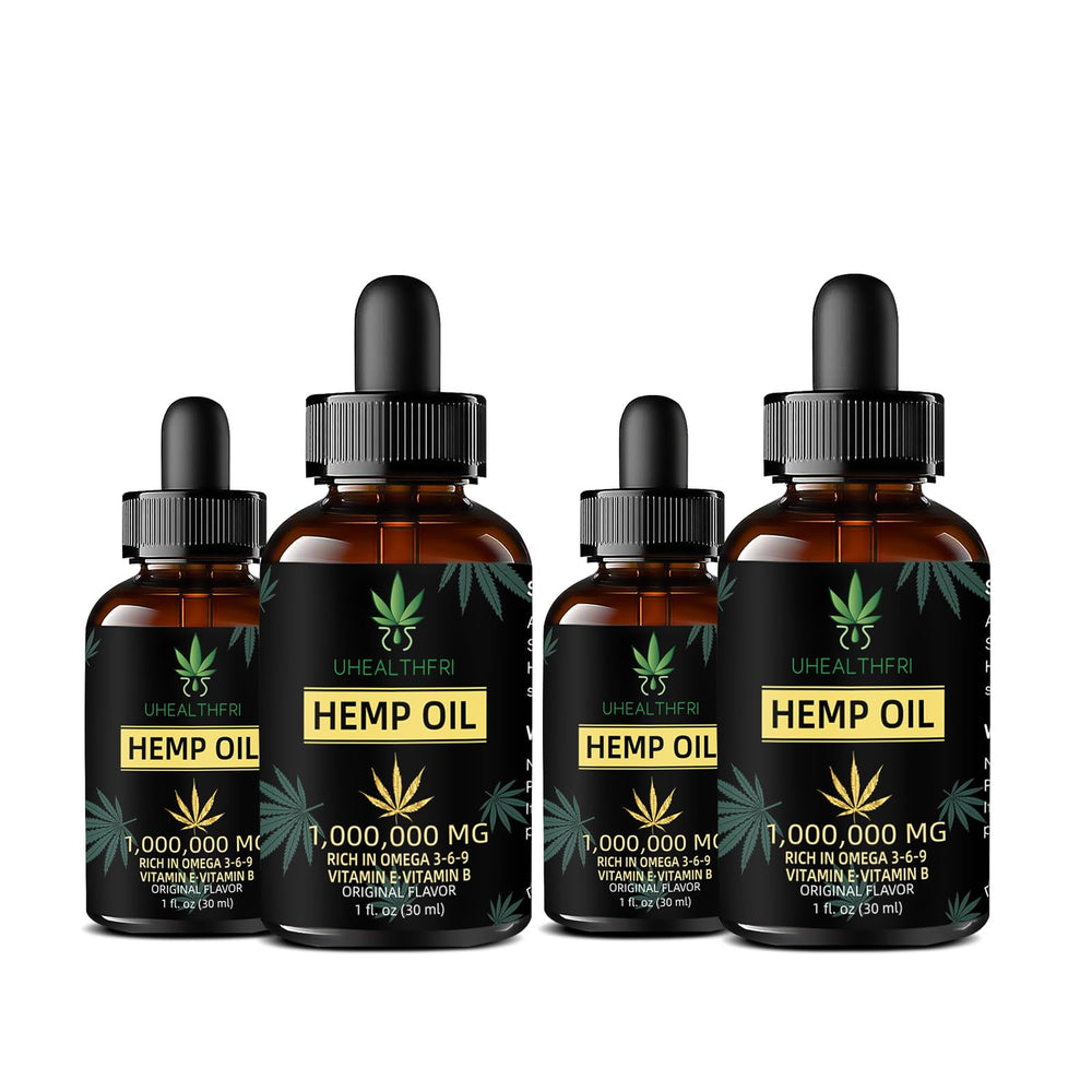 Uhealthfri hemp oil bottle pour demonstrates easy daily use for omega-3 intake.