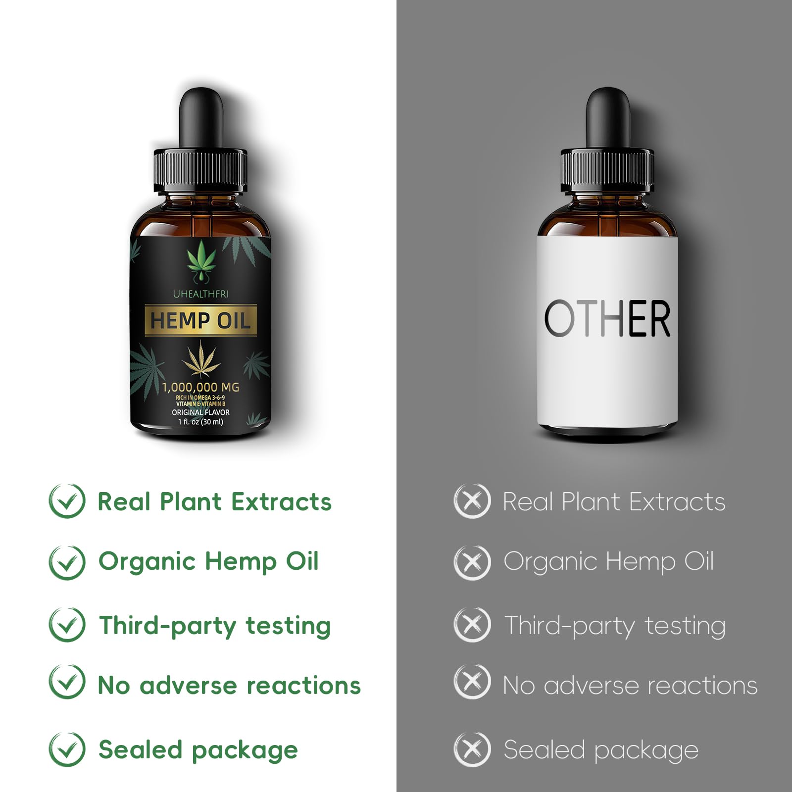 Uhealthfri hemp oil label close-up emphasizes organic non-GMO quality.