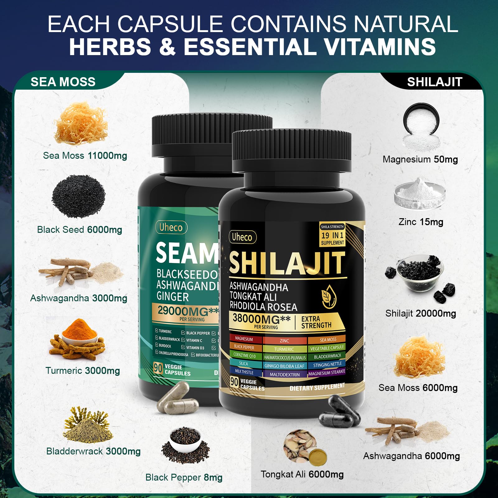 Uheco Black Seed and Ashwagandha Turmeric blend bottle suggests versatile adaptogens.