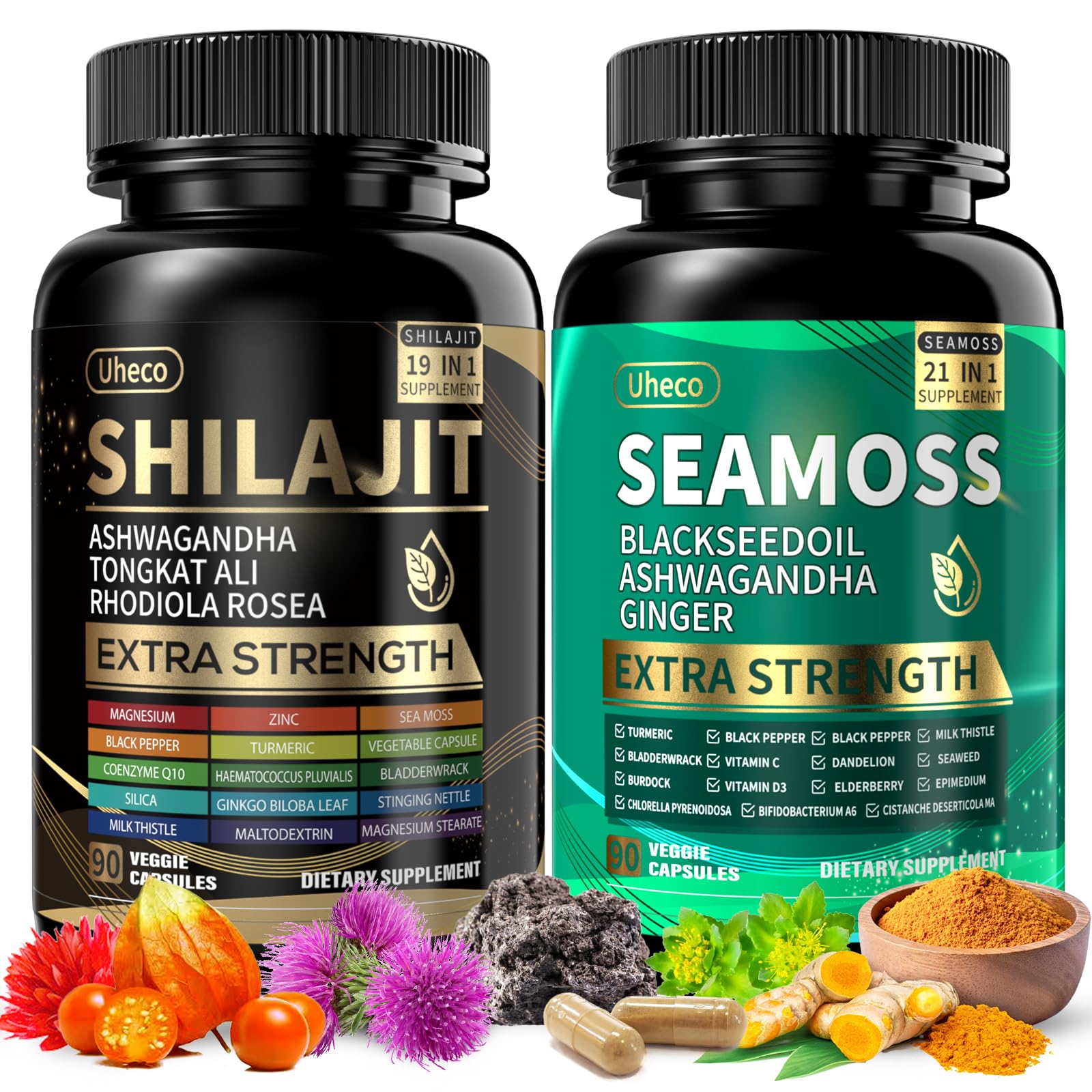 Uheco Shilajit and Sea Moss Vitality Bundle front view promotes daily wellness for busy lifestyles.