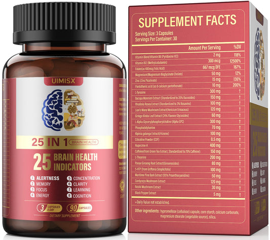 UIMISX brain supplement bottle promotes daily cognitive support.