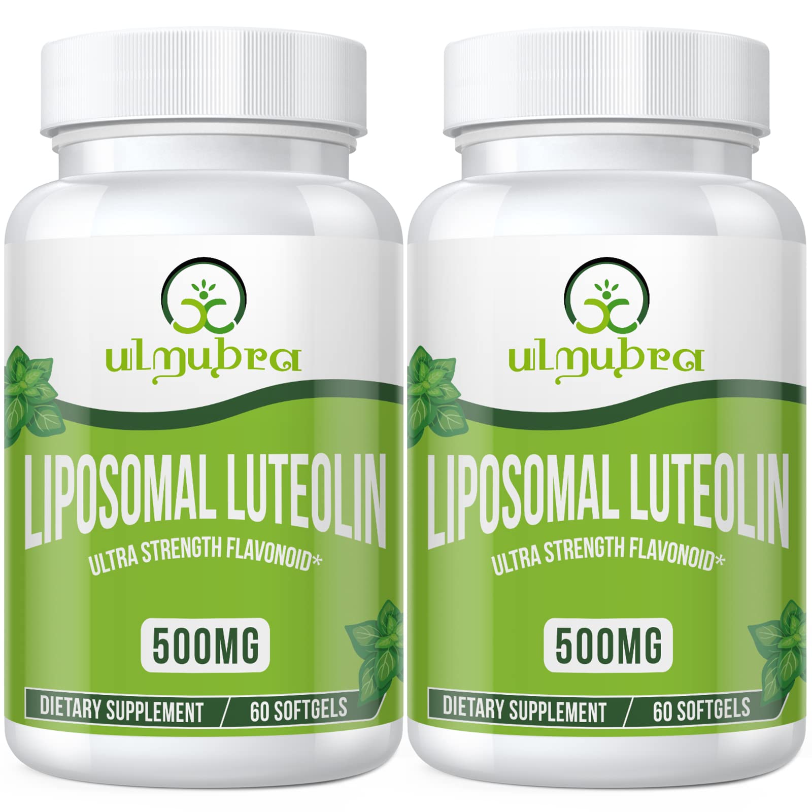 Ulmubra Liposomal Luteolin 500mg bottle with softgels highlighting potency.