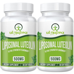 Ulmubra Liposomal Luteolin 500mg bottle with softgels highlighting potency.
