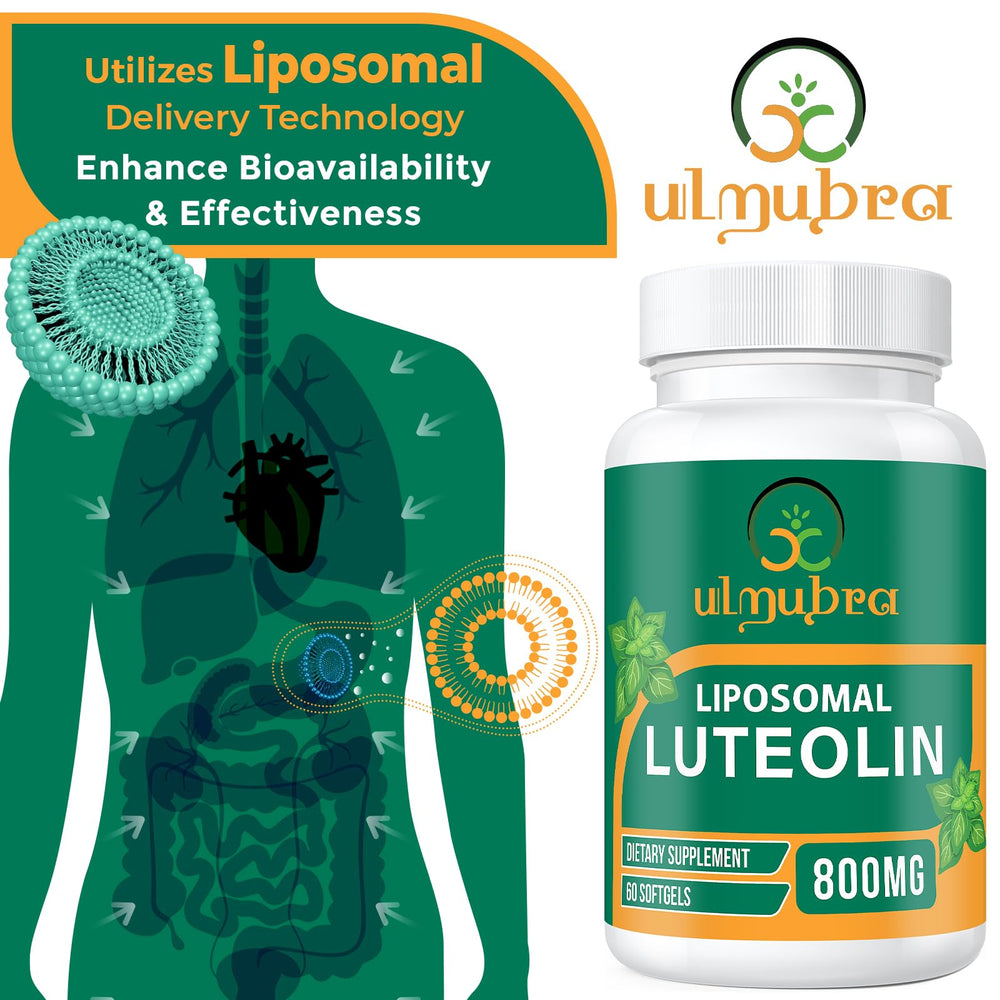 Ulmubra liposomal luteolin packaging on shelf communicates USA-made quality and clean ingredients.