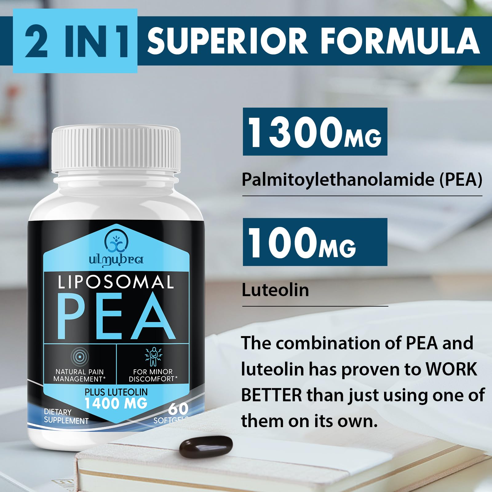 Ulmubra Liposomal PEA capsules close-up emphasizing high potency for daily comfort support.
