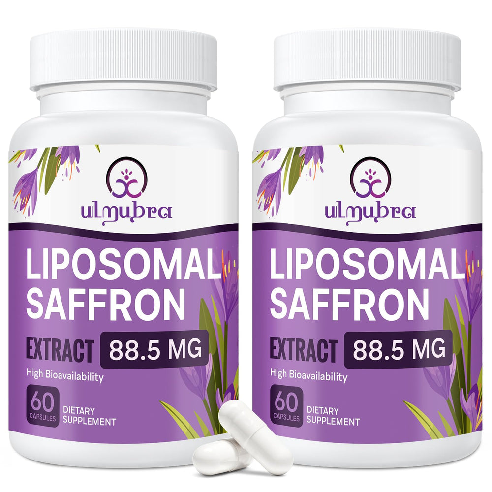Ulmubra liposomal saffron bottle front indicating potential mood support and daily energy.