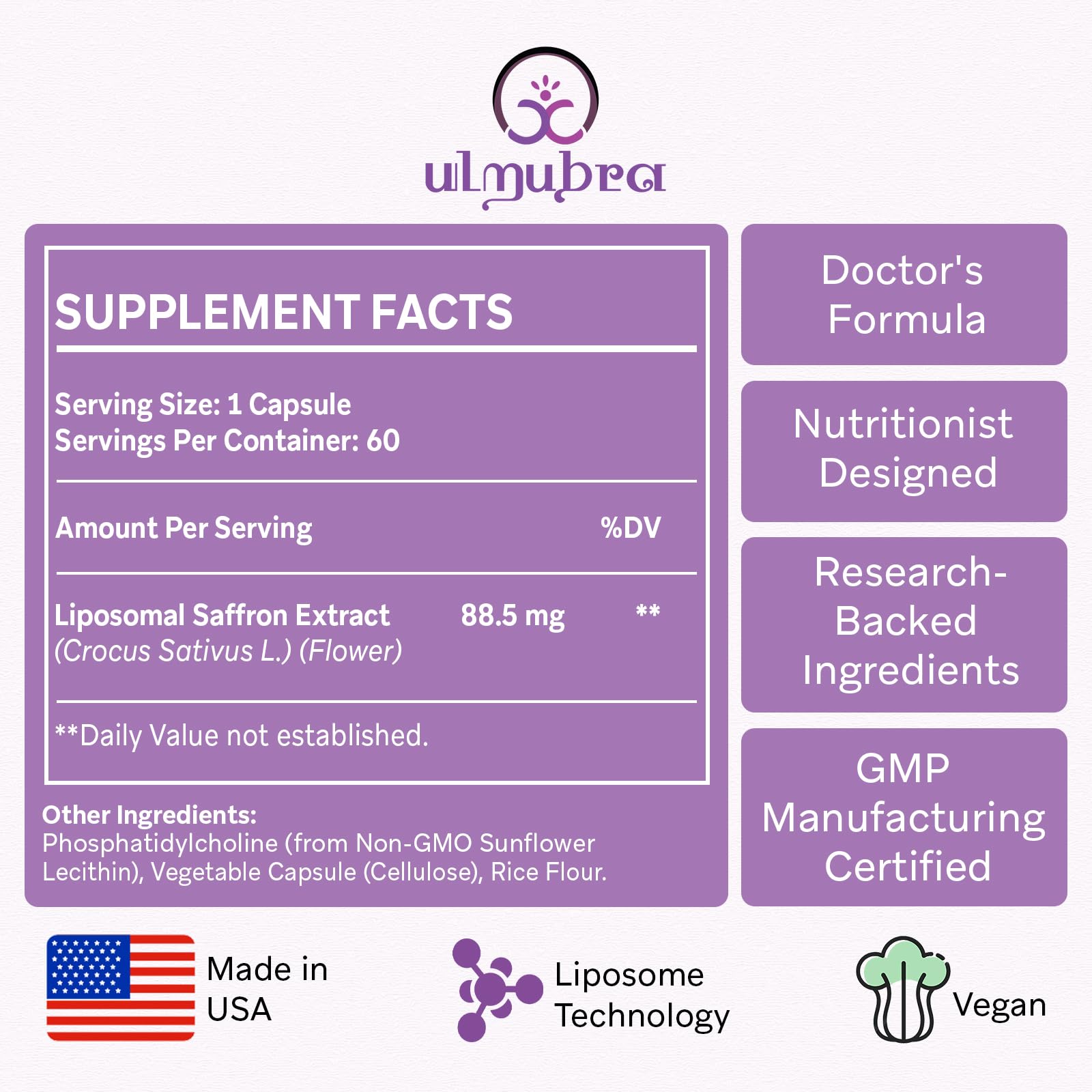 Ulmubra liposomal saffron capsules close-up showing vegan capsules for daily wellness.
