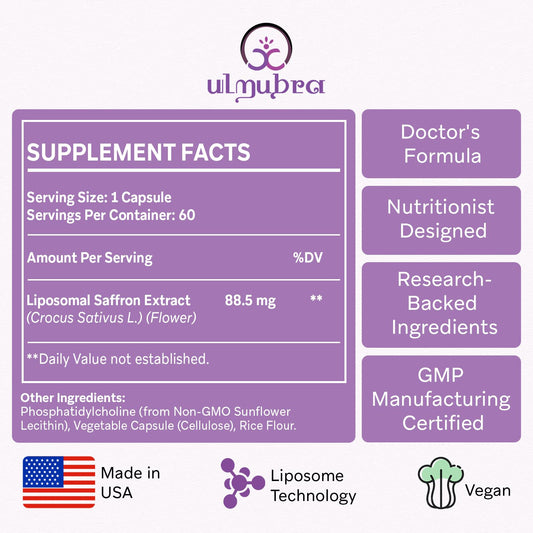 Ulmubra liposomal saffron capsules close-up showing vegan capsules for daily wellness.