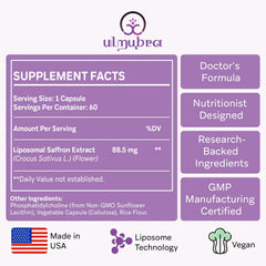 Ulmubra liposomal saffron capsules close-up showing vegan capsules for daily wellness.