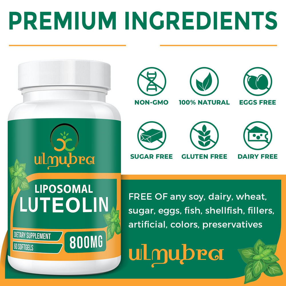 Ulmubra liposomal luteolin bottle in a calm setting supports daily wellness routines.