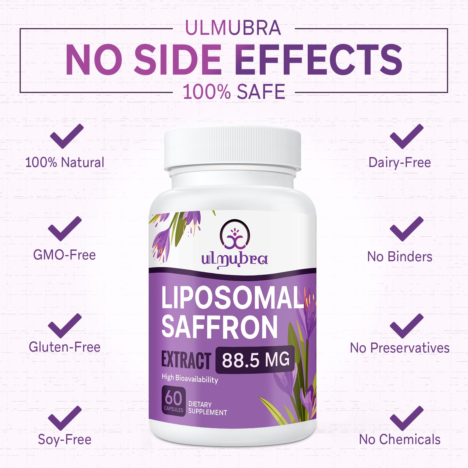 Ulmubra vegan saffron capsules close-up emphasizing plant-based option.