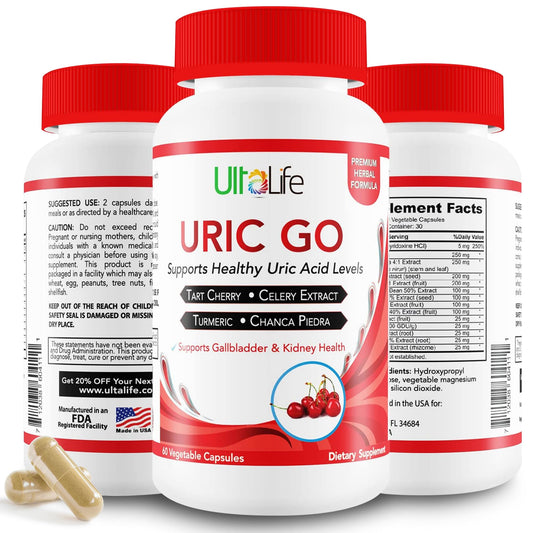 ULTALIFE Uric GO bottle front view with vegan capsules for uric acid support.