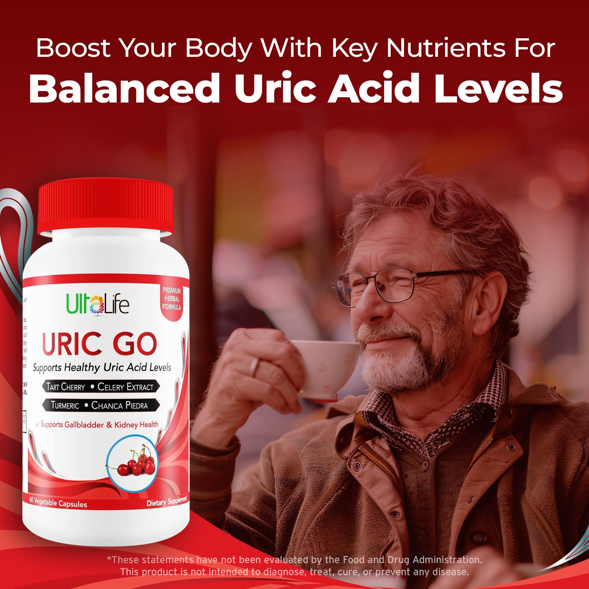 ULTALIFE Uric GO Tart Cherry extract visuals with cranberries for antioxidant-rich wellness.
