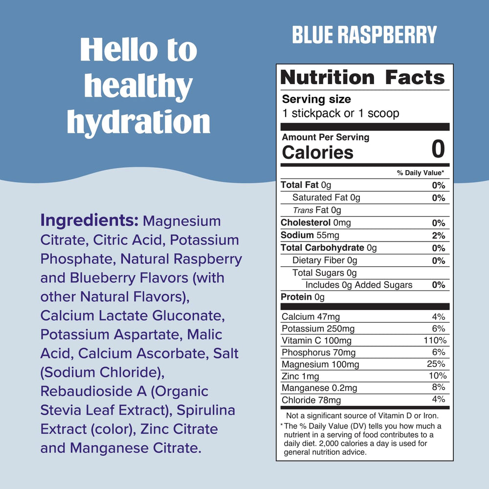 Ultima Replenisher blue raspberry powder dispensed; refreshing flavor dissolves quickly in water.