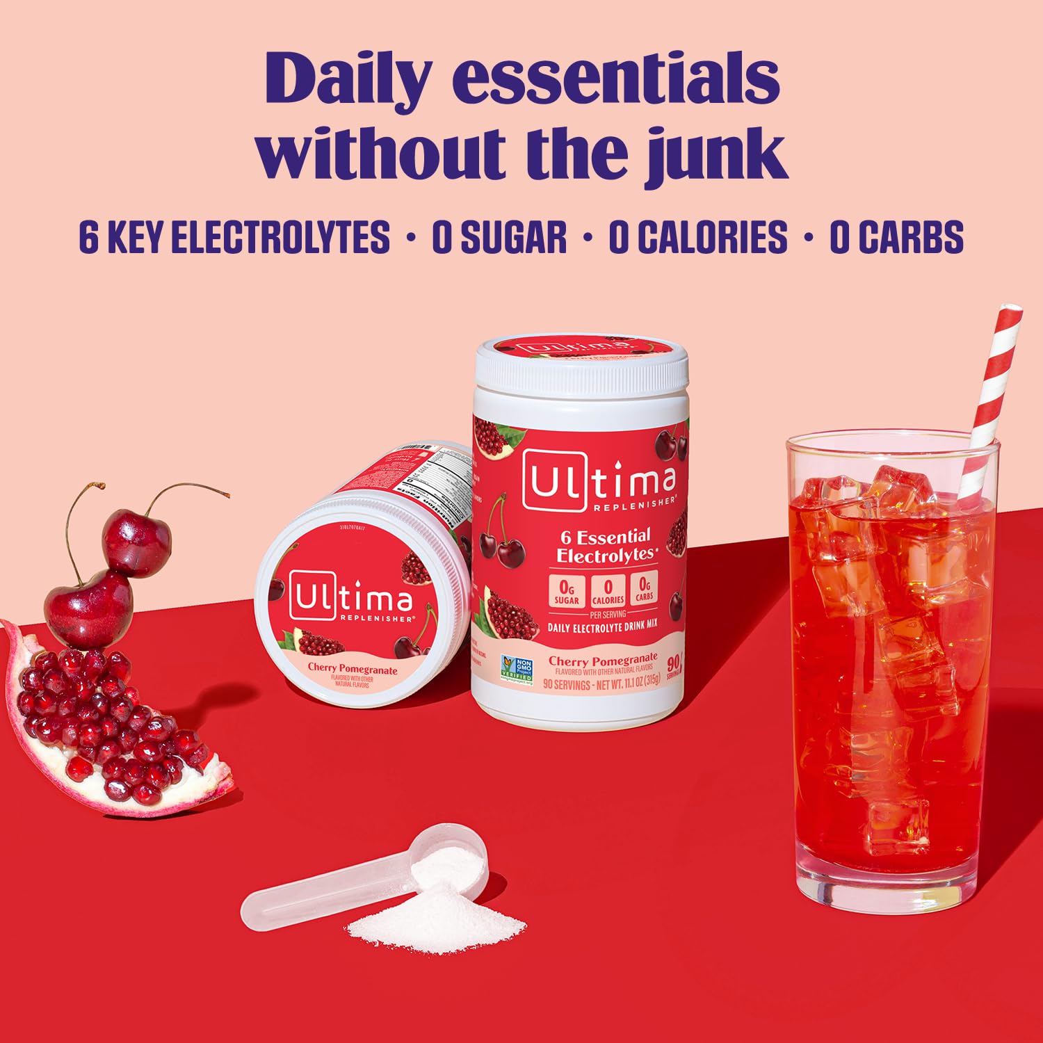 Ultima Replenisher cherry-pomegranate flavor powder for a sugar-free boost