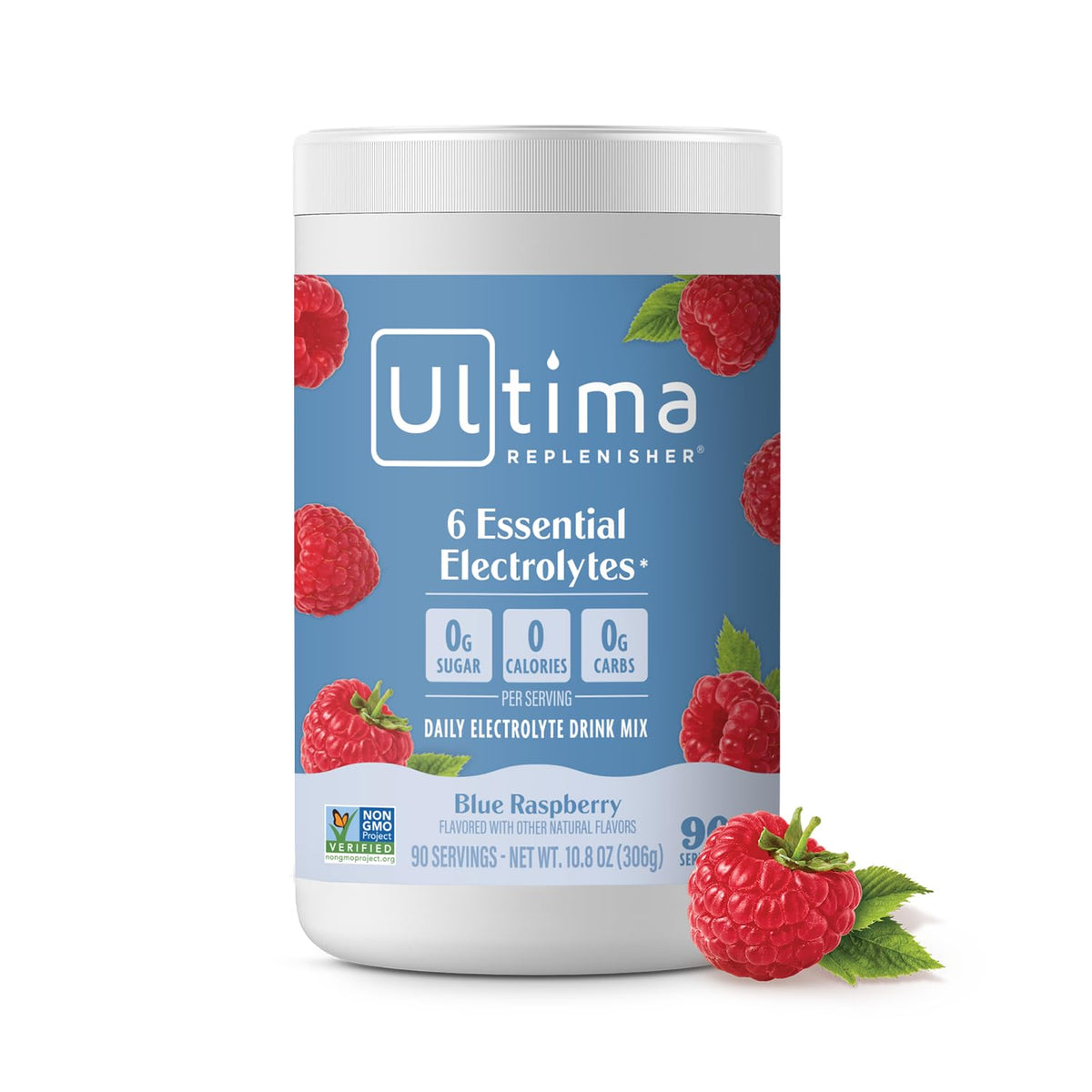 Ultima Replenisher daily electrolyte canister front; keto-friendly sugar-free hydration for daily use.