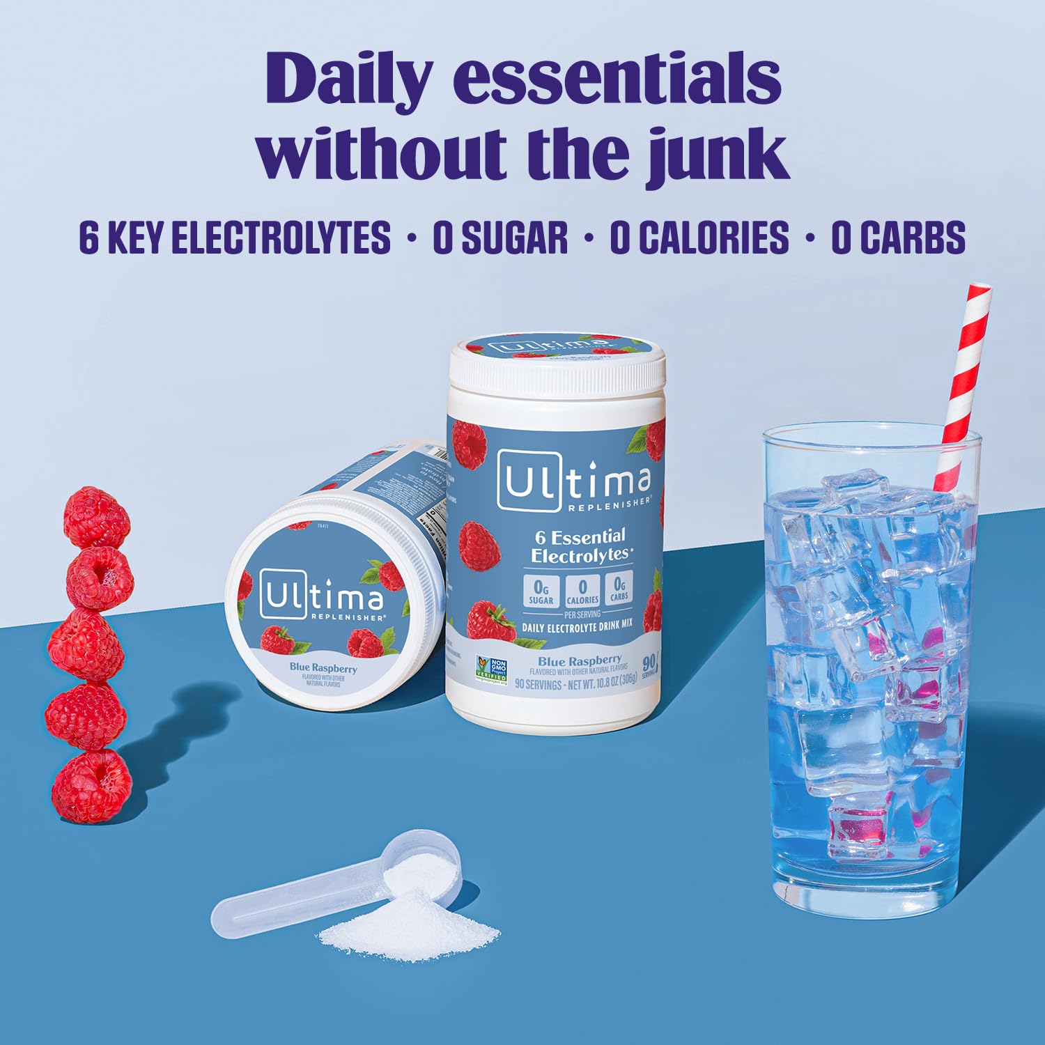 Ultima Replenisher daily electrolyte canister side; compact hydration for on-the-go use.