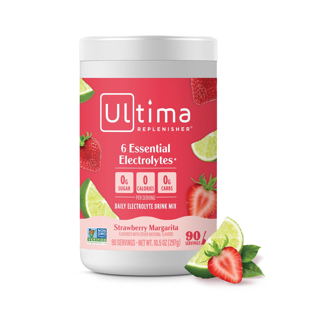 Ultima Replenisher canister with Strawberry Margarita flavor for sugar-free hydration.