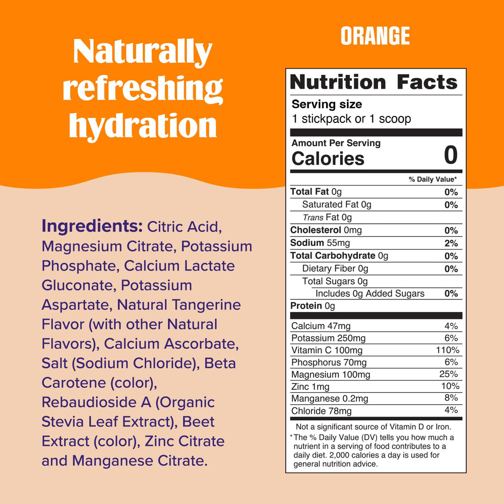 Glass of Ultima Replenisher orange flavor being poured for a refreshing drink.