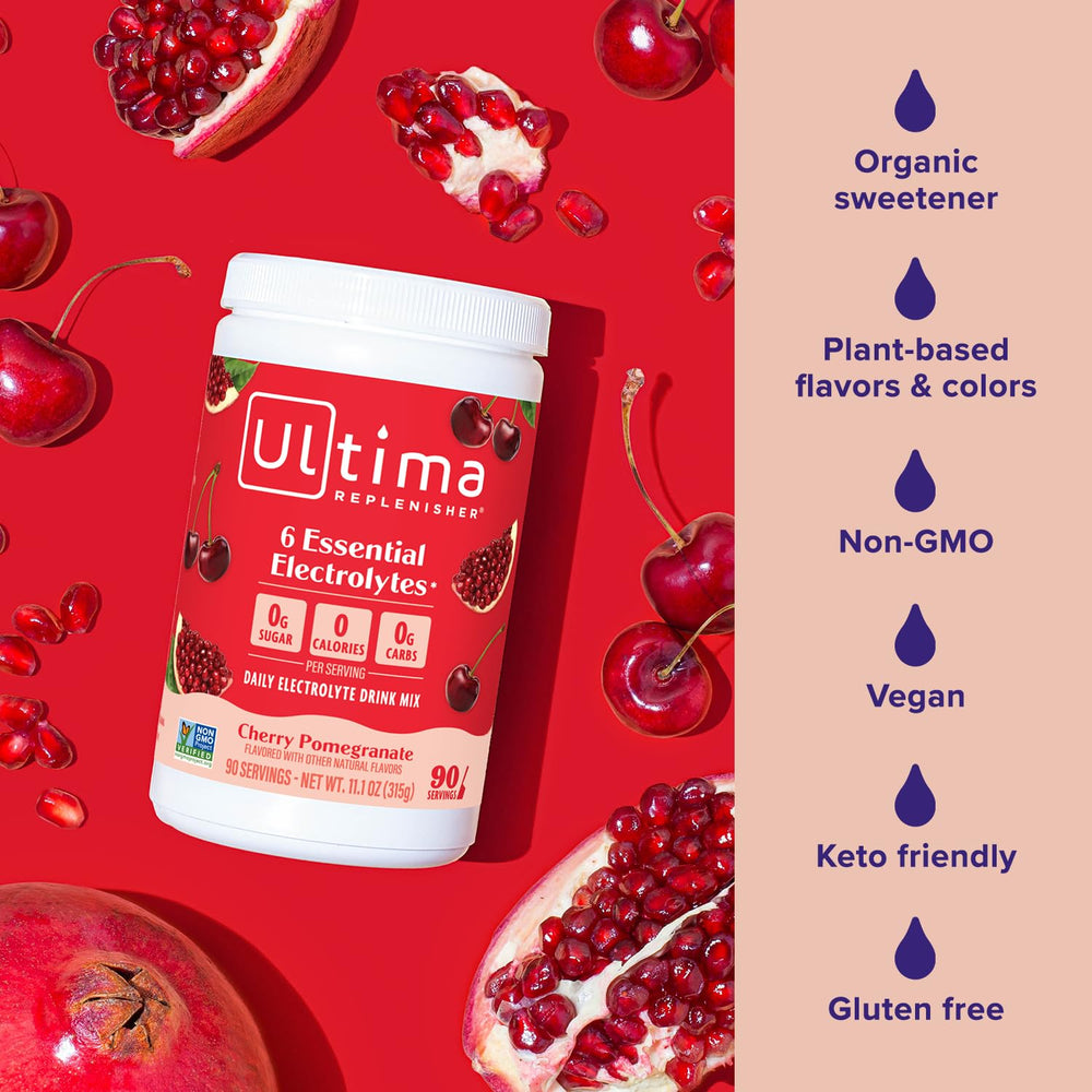 Ultima Replenisher beside a glass of prepared hydration