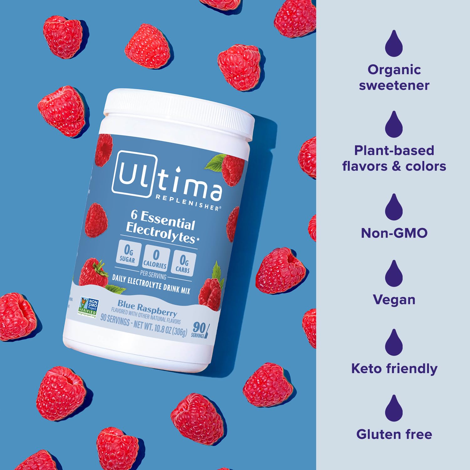 Ultima Replenisher pour-over in glass with ice; ready-to-drink hydration option.