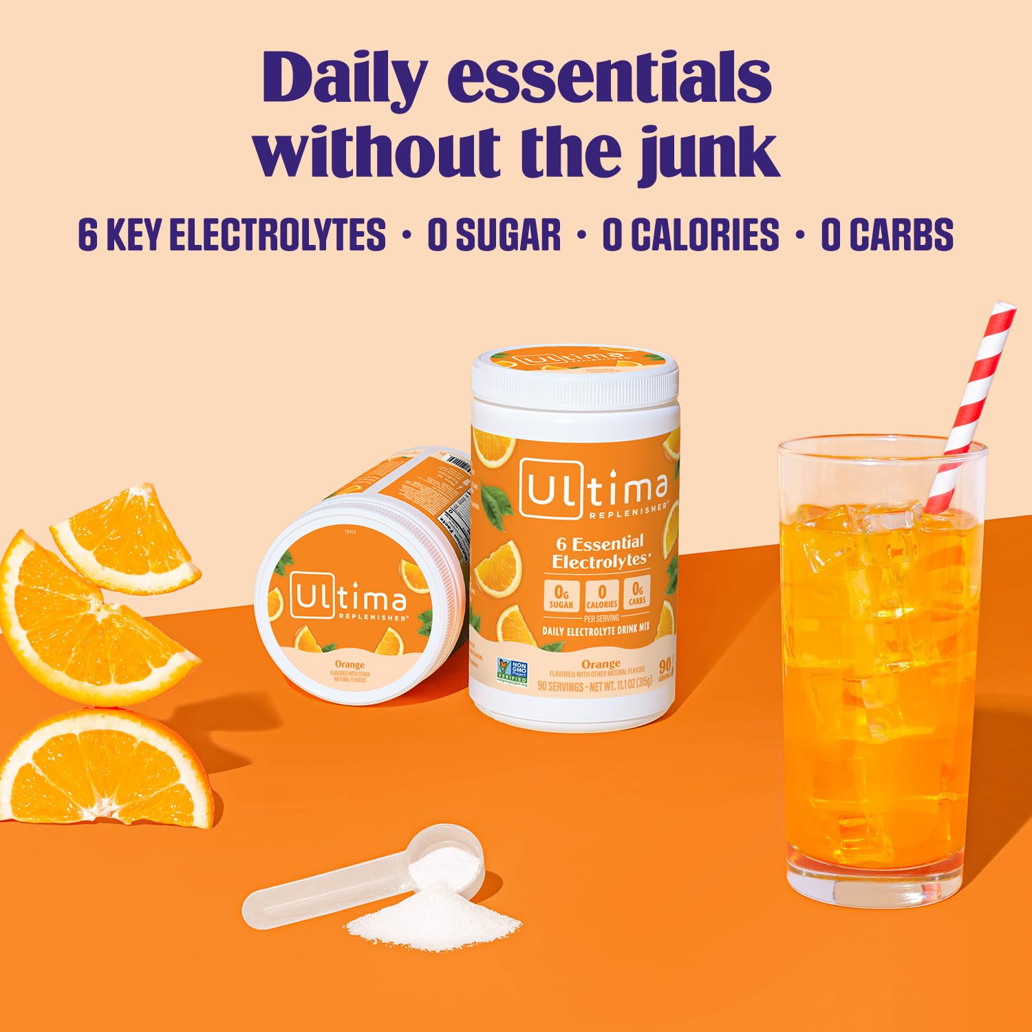 Ultima Replenisher scoop dissolving in water for quick, sugar-free refreshment.